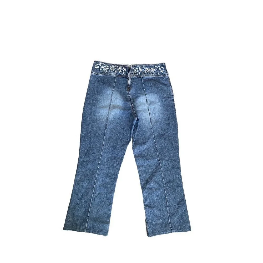 Vintage‎ Y2K Floral Embroidered Mid Waist Jeans cropped Denim Pants Women 10